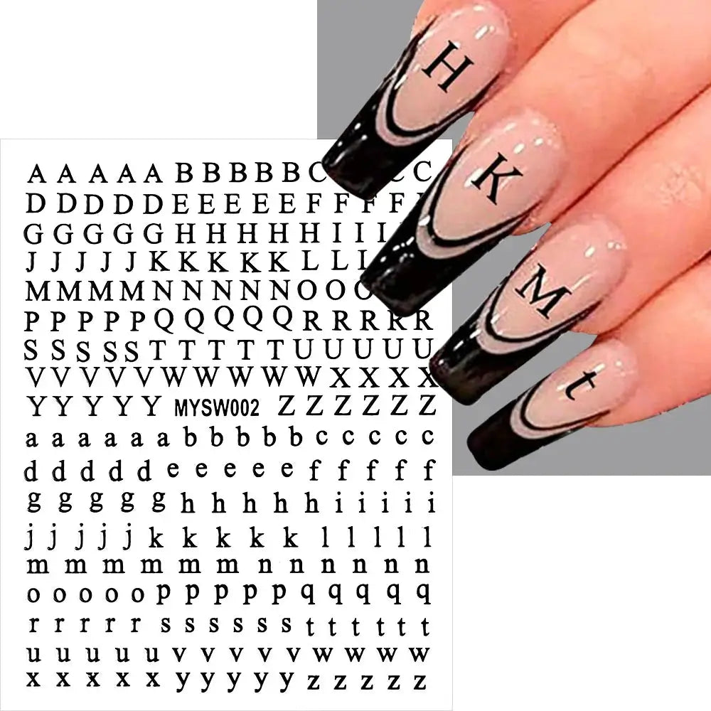 3D Roman letter nail stickers, 1pc set in gold/silver/black; self-adhesive alphabet decals for manicures