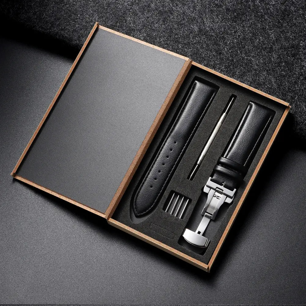 Genuine Leather Watchband 14 16 18 20 22 24mm With Automatic Butterfly Buckle For Men And Women Gift Box