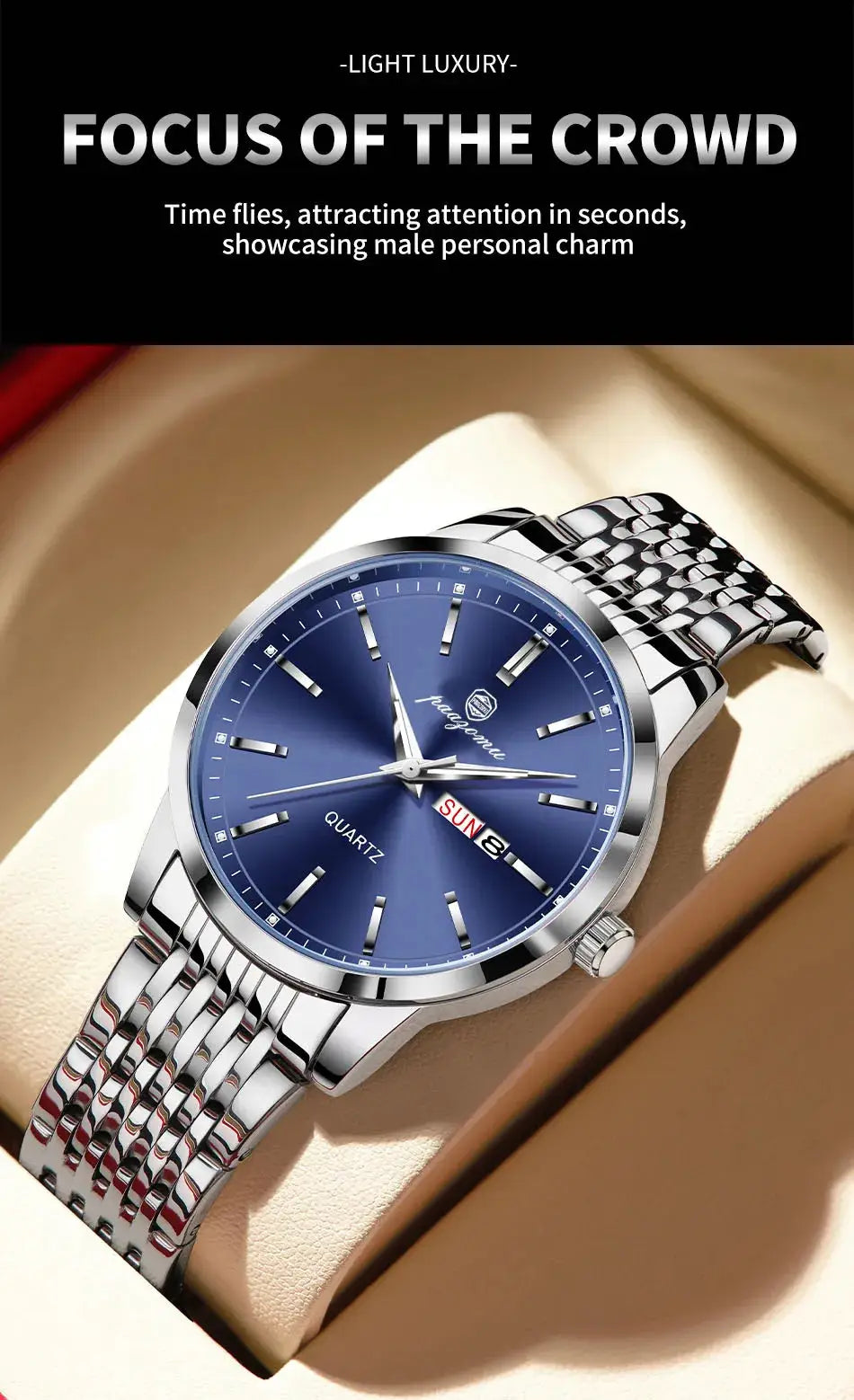 PAAZOMU luxury men's watch with blue dial, stainless steel bracelet, date window, quartz movement