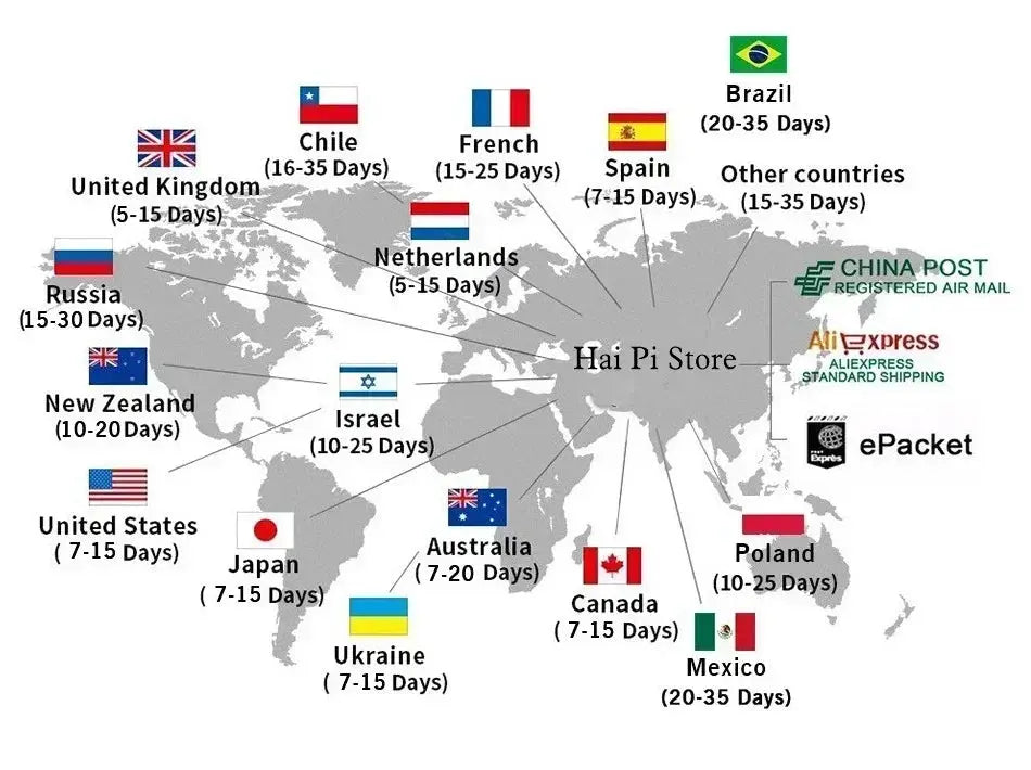 Men's tracksuit shipping map showing international delivery times and country flags