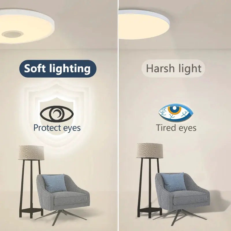 LED smart ceiling lamp by Simples Market; split-view shows RGB dimmable soft lighting vs harsh light in living room.
