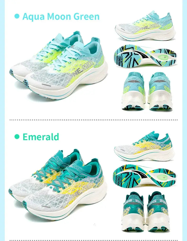 ONEMIX Marathon carbon-plate running shoes by Simples Market, Aqua Moon Green and Emerald colorways, 2 pairs.