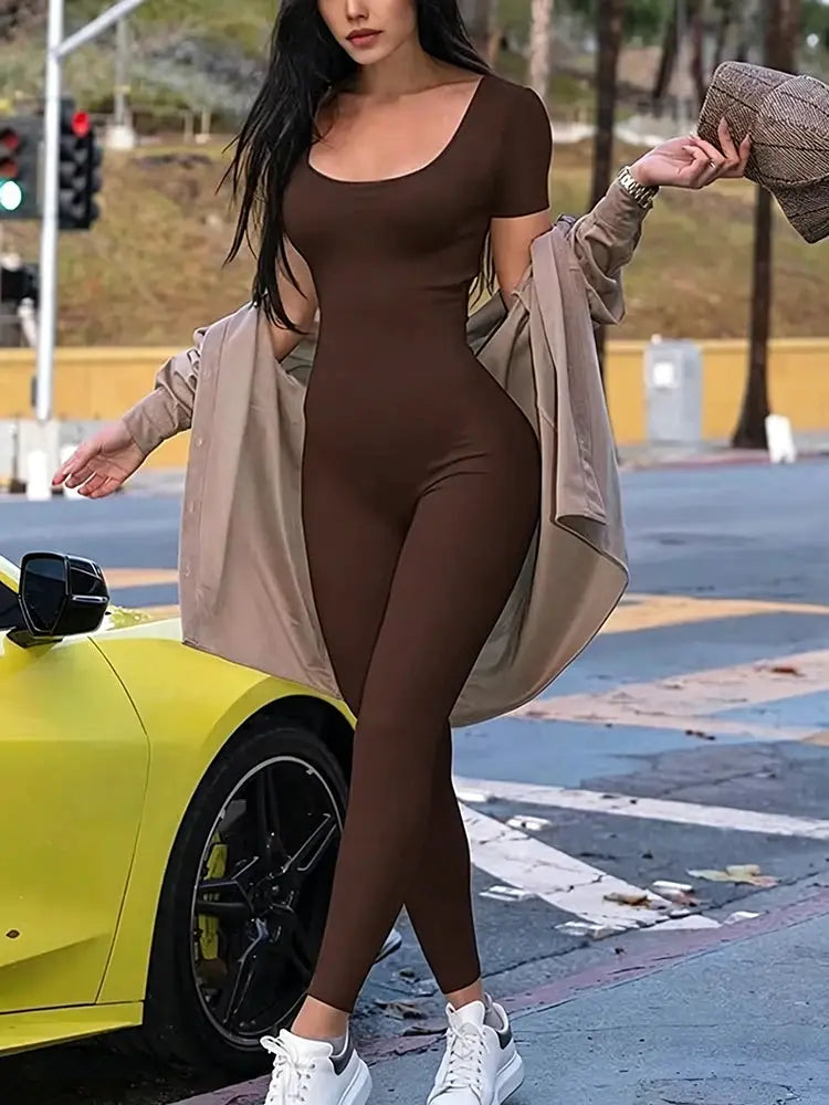 Women's brown short-sleeve bodycon romper jumpsuit, skinny fit, casual streetwear