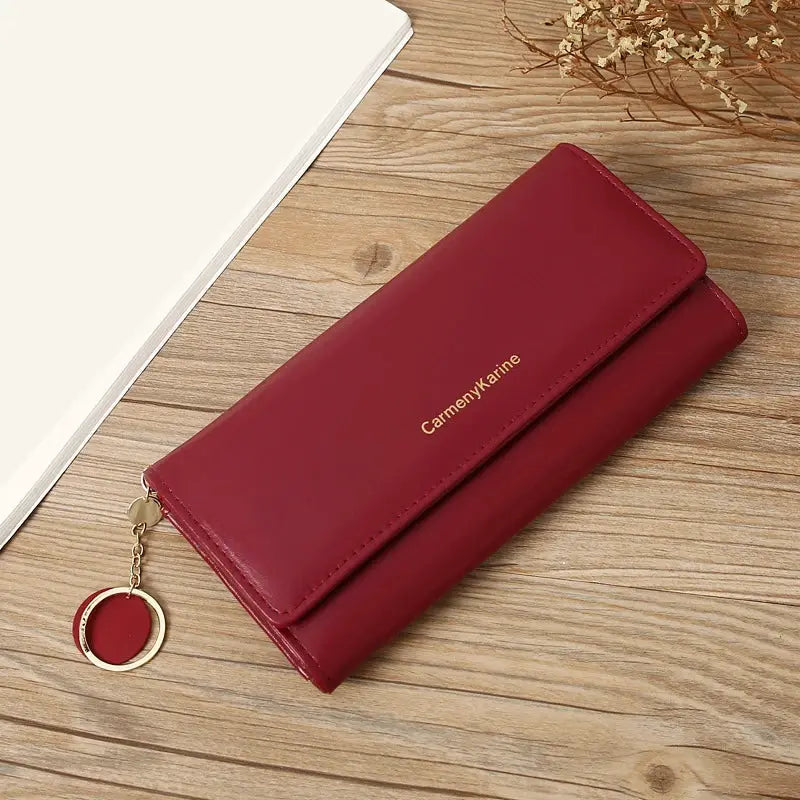 Long burgundy PU leather wallet with gold logo by CarmenyKarine and attached key ring