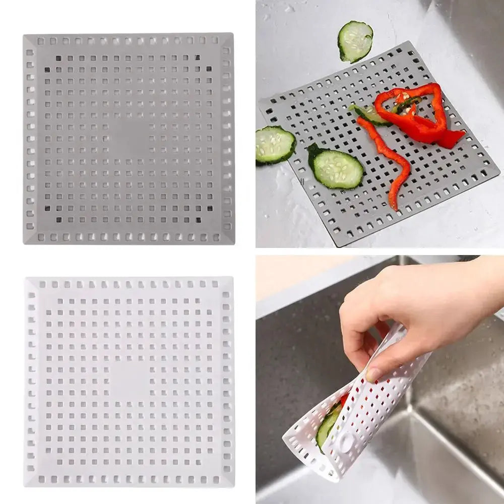 Square kitchen sink drain strainer pad; perforated gray plastic anti-clog sealing filter.