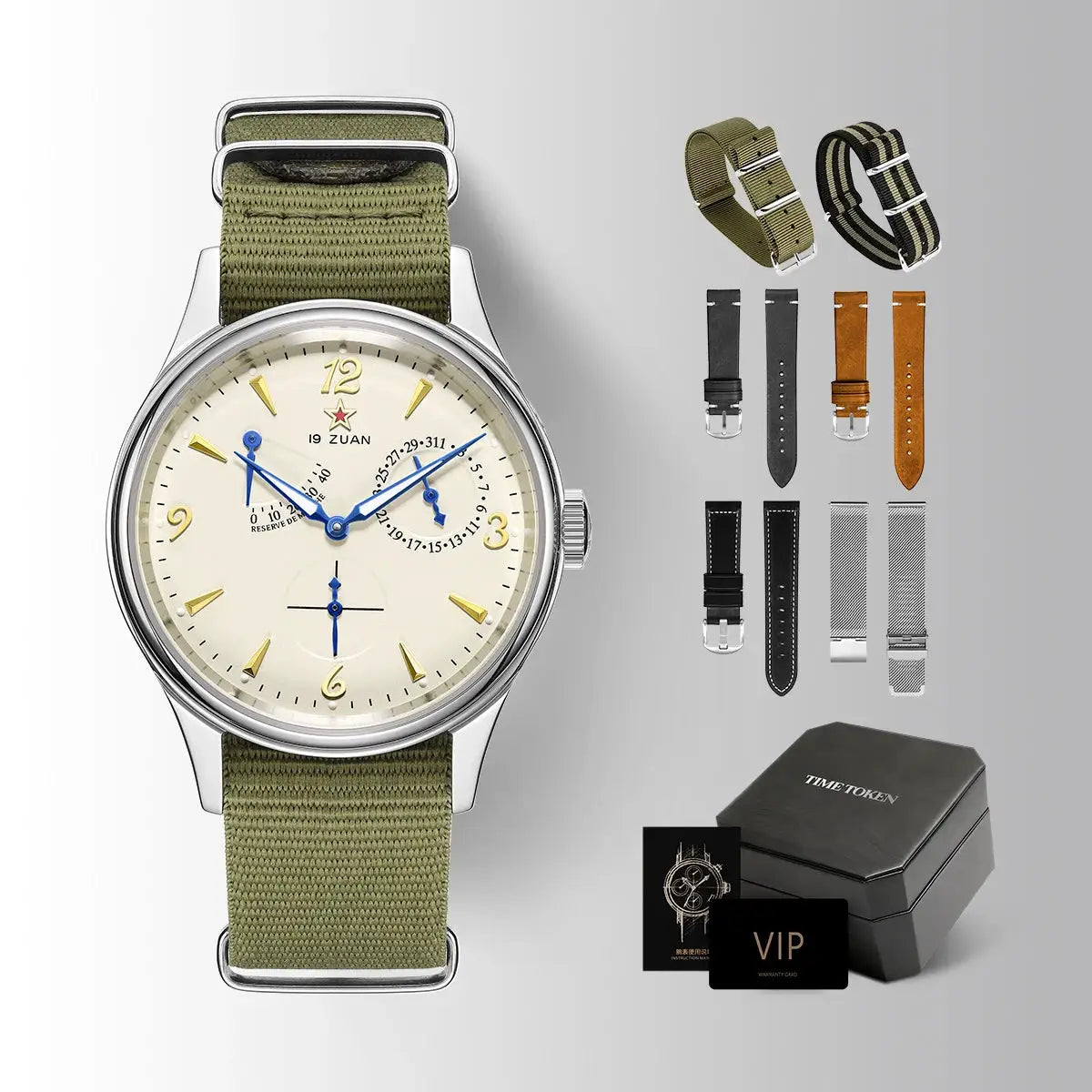 New 1963 40mm Mens Pilot Watch Seagull ST17 with cream dial and olive NATO strap, plus multiple interchangeable straps