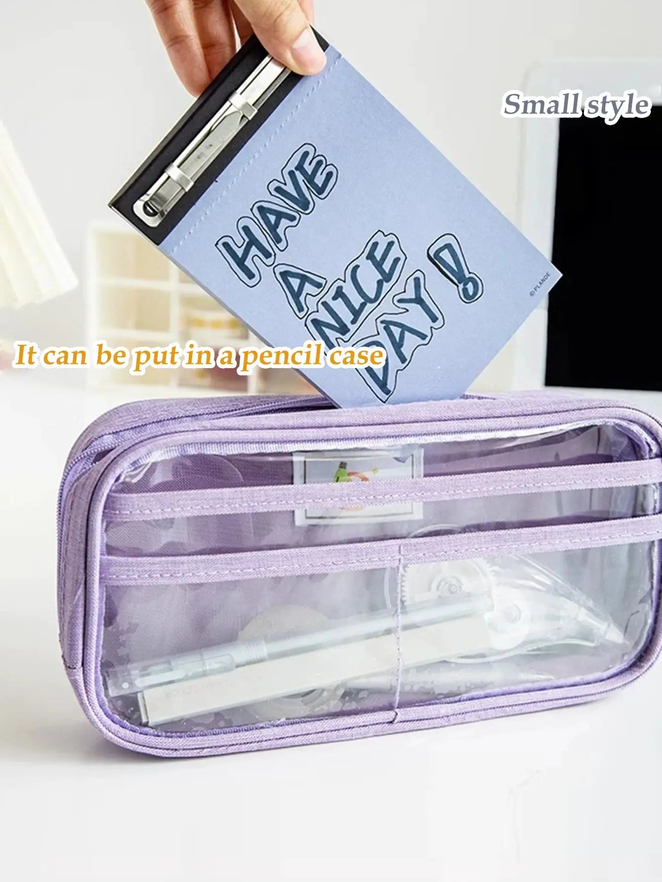 Simples Market 75-sheet blue pocket notepad; non-adhesive memo book shown with lavender pencil case
