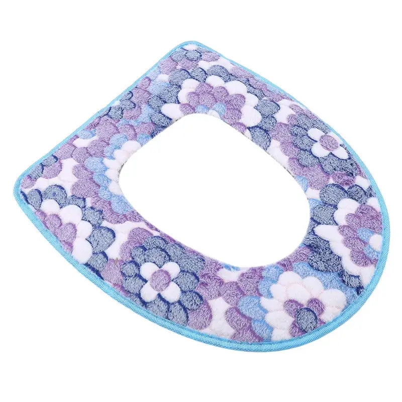 Simples Market plush toilet seat cushion, blue/purple floral pattern, universal waterproof fit, light blue edge.