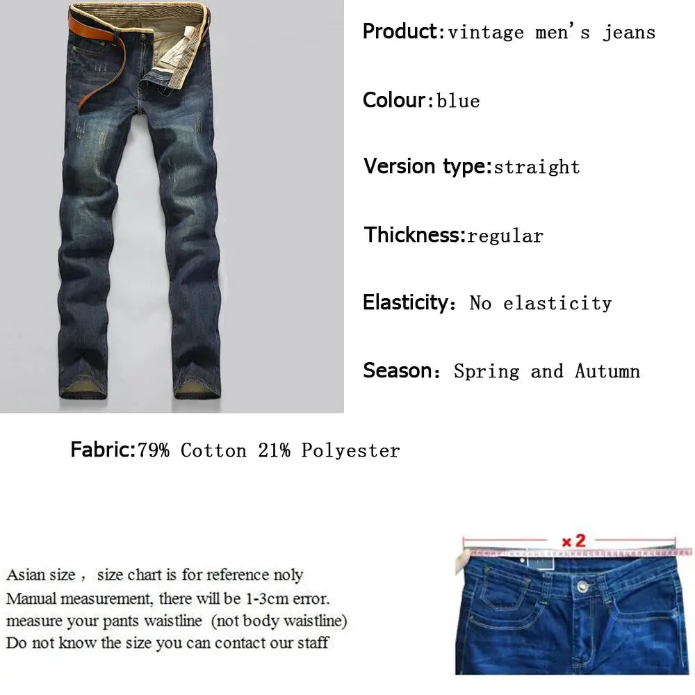 Men's blue straight denim jeans with belt loops, casual slim-fit pants