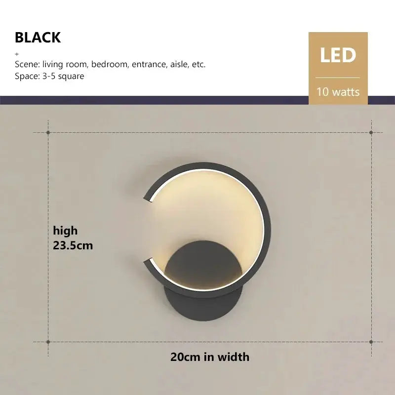 Modern LED wall lamp by Simples Market; black, white and gold circular wall light.