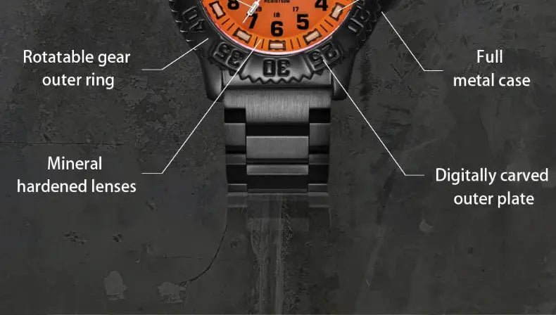 Addies men's military watch with orange dial, black bezel, steel strap, waterproof quartz