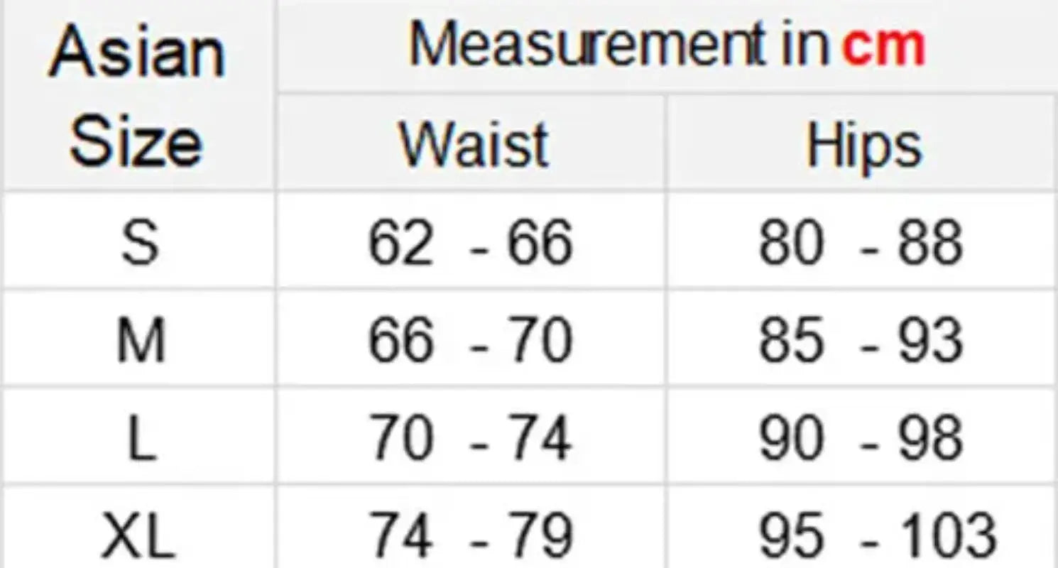 Underwear size chart with Asian waist and hip ranges for S–XL.