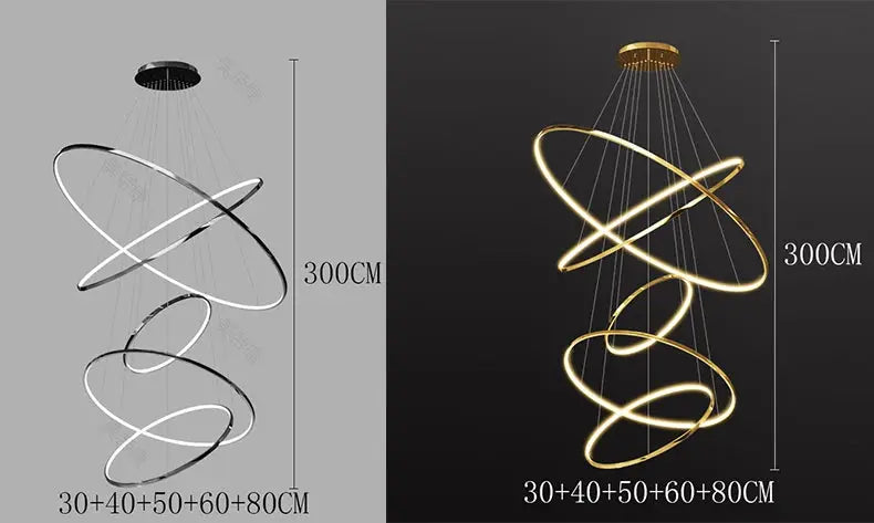 Spiral LED pendant light fixture with white or gold rings, modern living room chandelier with 300 cm hanging height.