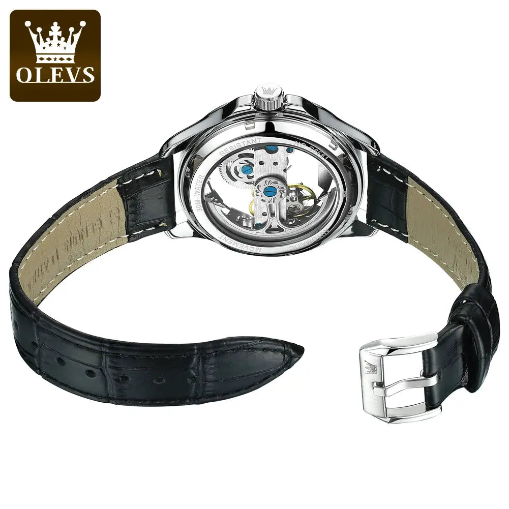 OLEVS skeleton automatic men's watch with black leather strap and stainless steel case.