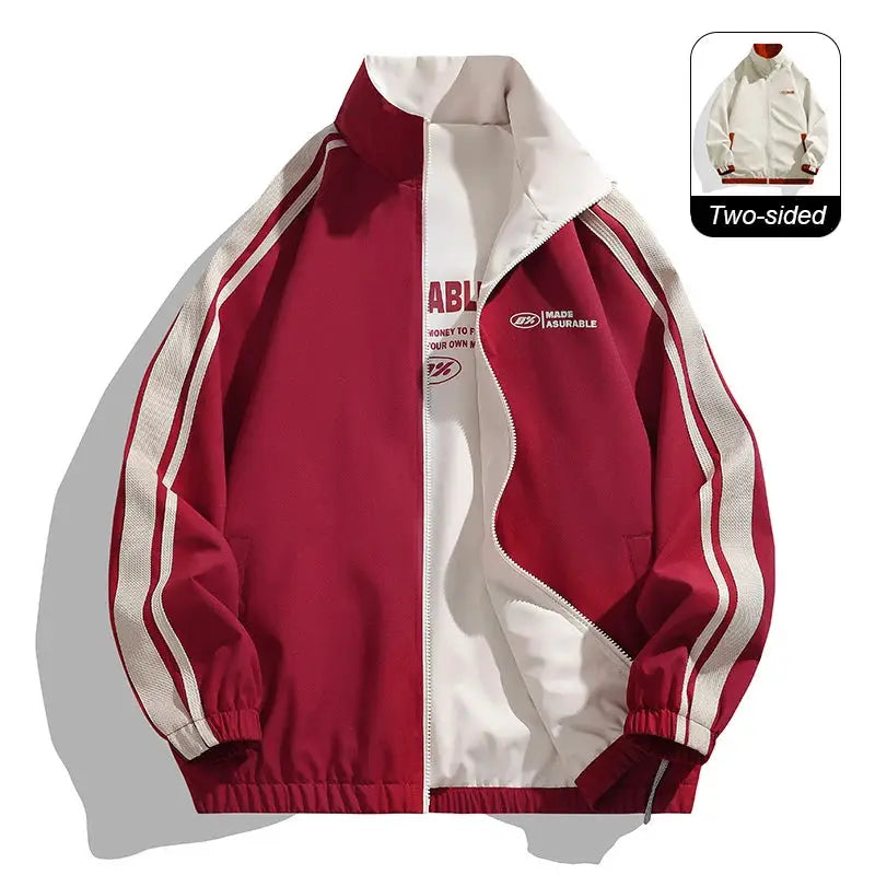 Reversible windproof jacket, red exterior with white interior, two-sided outdoor coat by Simples Market