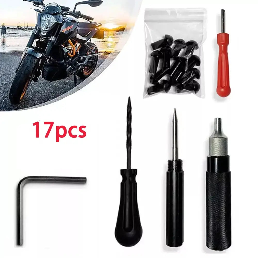 17pcs motorcycle tire puncture repair kit; mushroom plugs, red-handled repair tool, awl, and L-shaped hex key