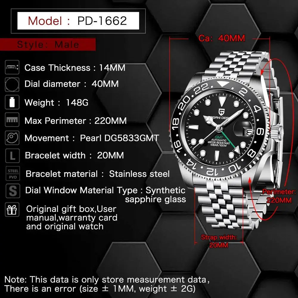 Pagani Design PD-1662 men's stainless steel GMT watch with ceramic bezel, black dial, sapphire glass.