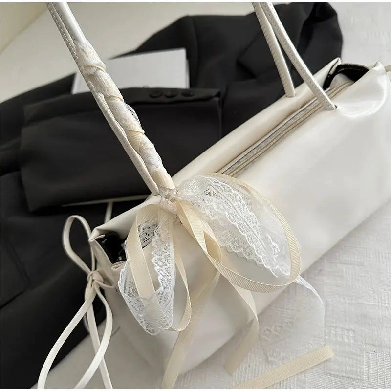 White PU leather square shoulder bag with lace bow decoration