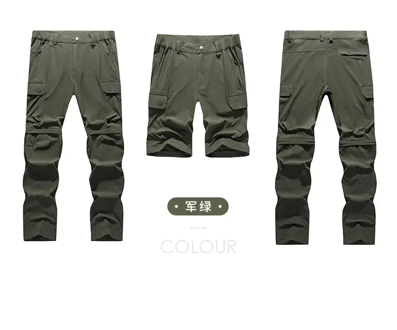 Men's cargo hiking pants in olive green, shown in front, side and back views.