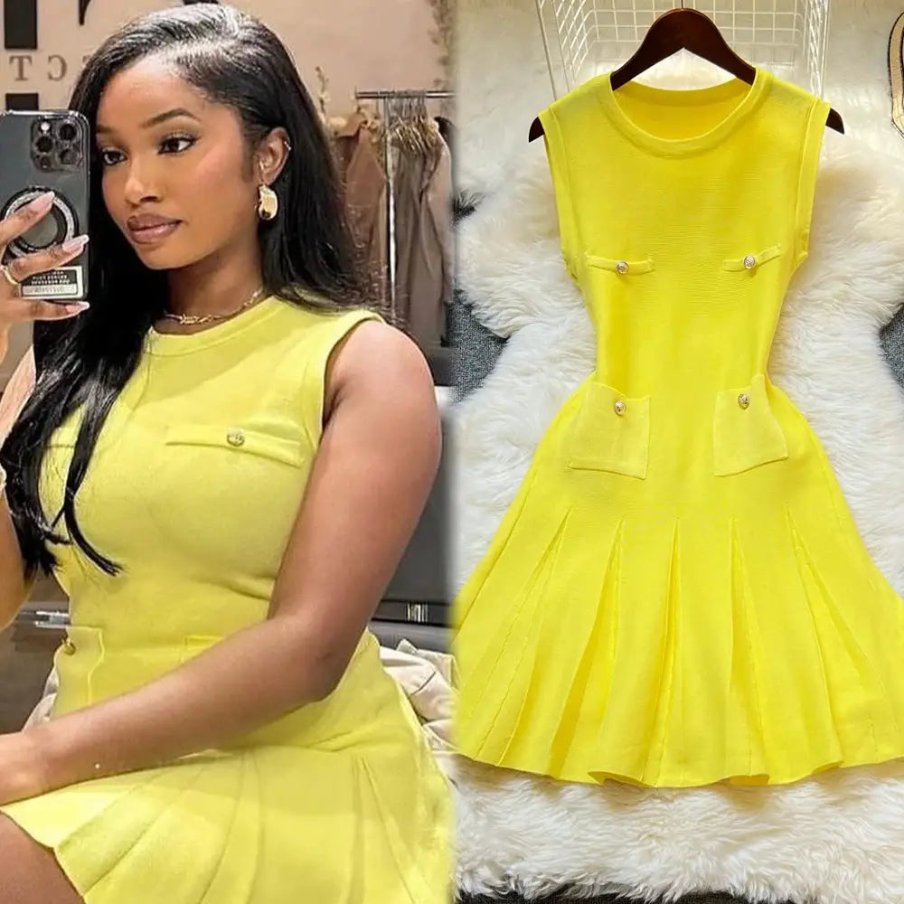 YuooMuoo Chic Pleated Short Dress Women O Neck Slim Waist Party Dress