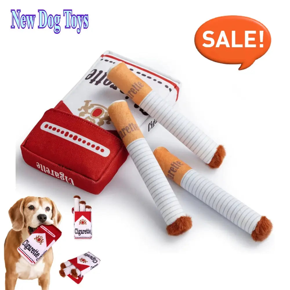 Three-piece funny interactive plush dog toy set with cigarette-design chews and red pouch by Simples Market