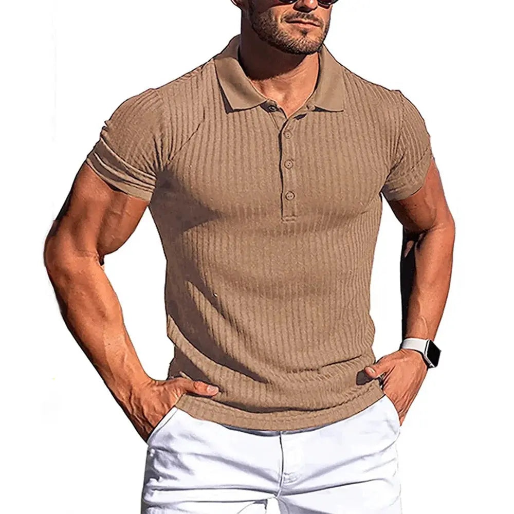 Men's polo shirt by Simples Market; tan ribbed short-sleeve polo with stand collar