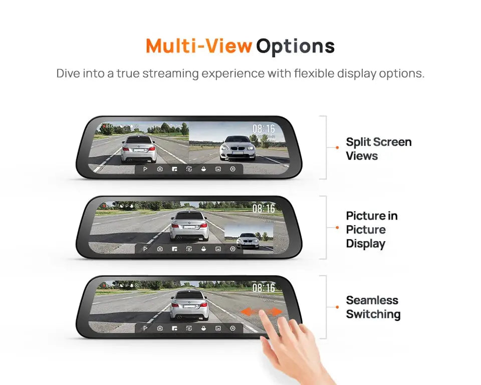 70mai S500 rearview dash cam with 9.35-inch touchscreen, black dual-channel display with split and PiP views