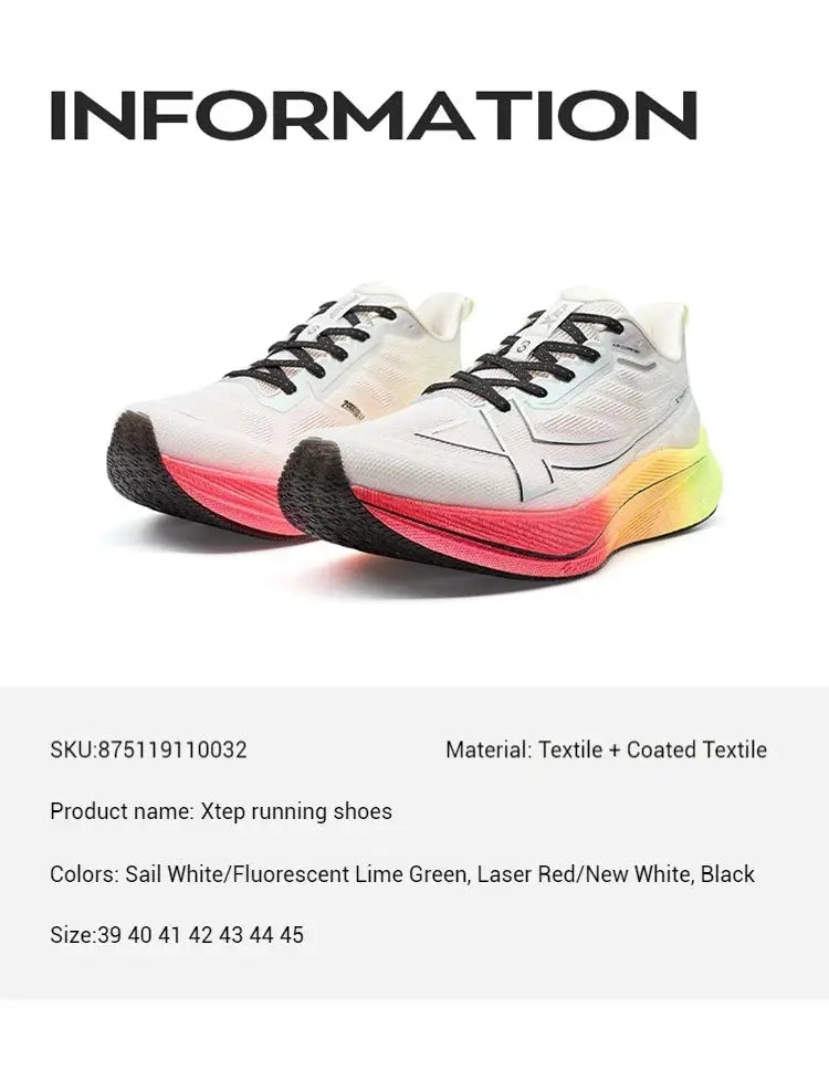 Xtep running shoes pair for men with white uppers, black laces, and pink-to-yellow gradient sole.