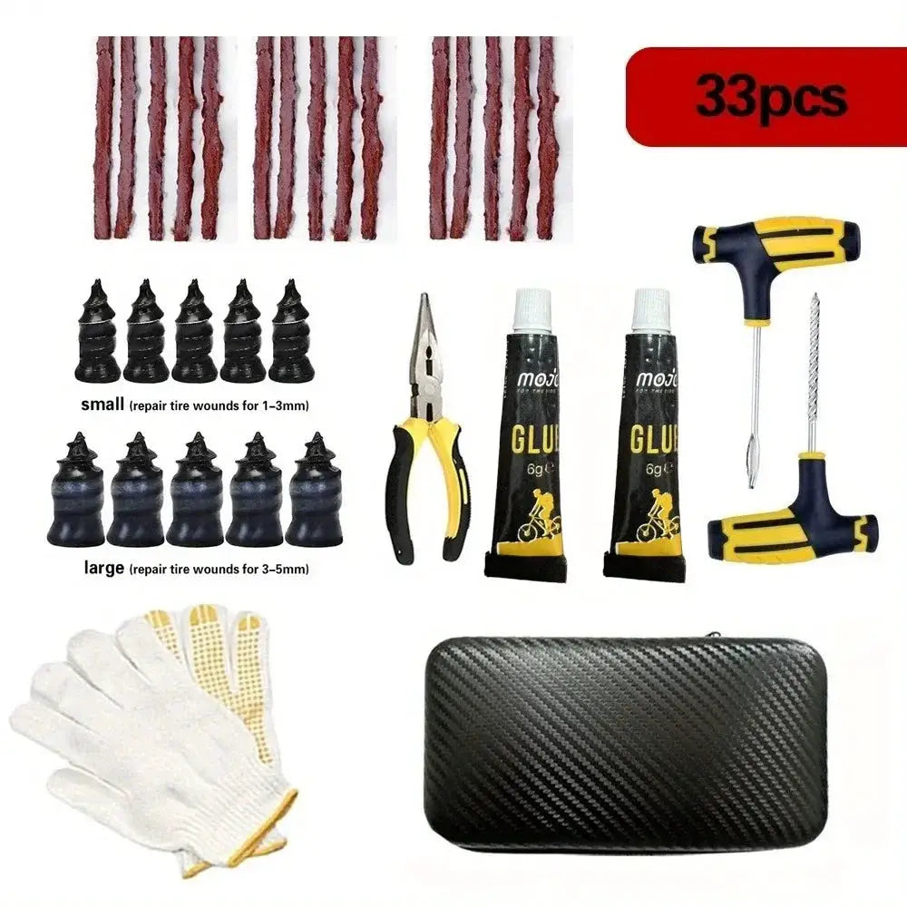 Ultimate Tire Repair Tool Kit 33pcs Simples Market in black carry case with tire strips, plugs, glue, pliers and gloves