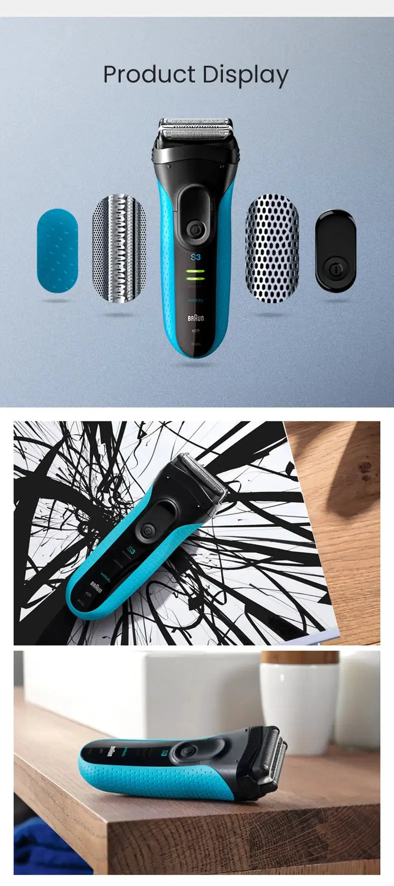 Braun 3 Series ProSkin electric shaver with blue body, built-in trimmer, and 4 removable heads