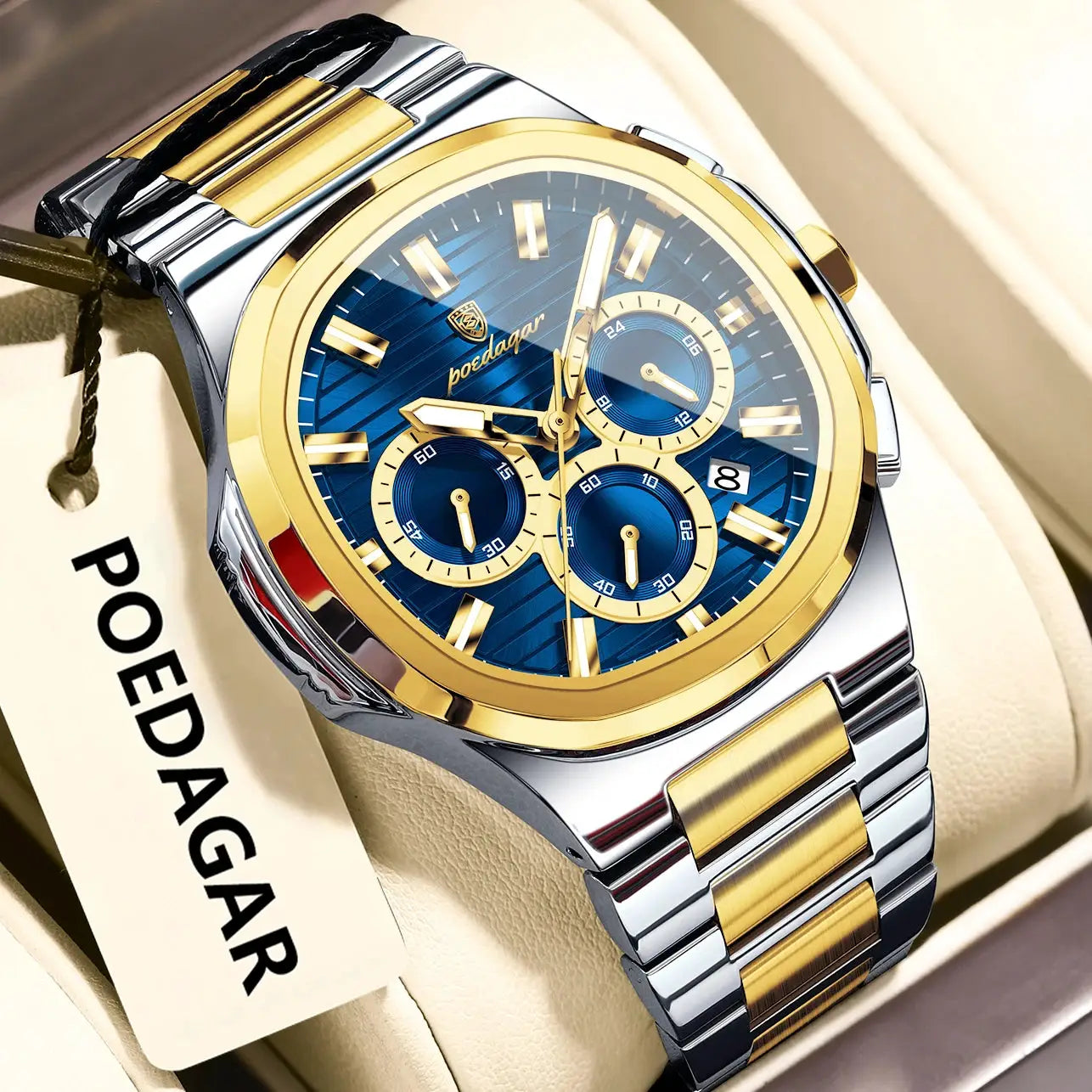 POEDAGAR men's luxury two-tone stainless steel chronograph wristwatch with blue dial and date window