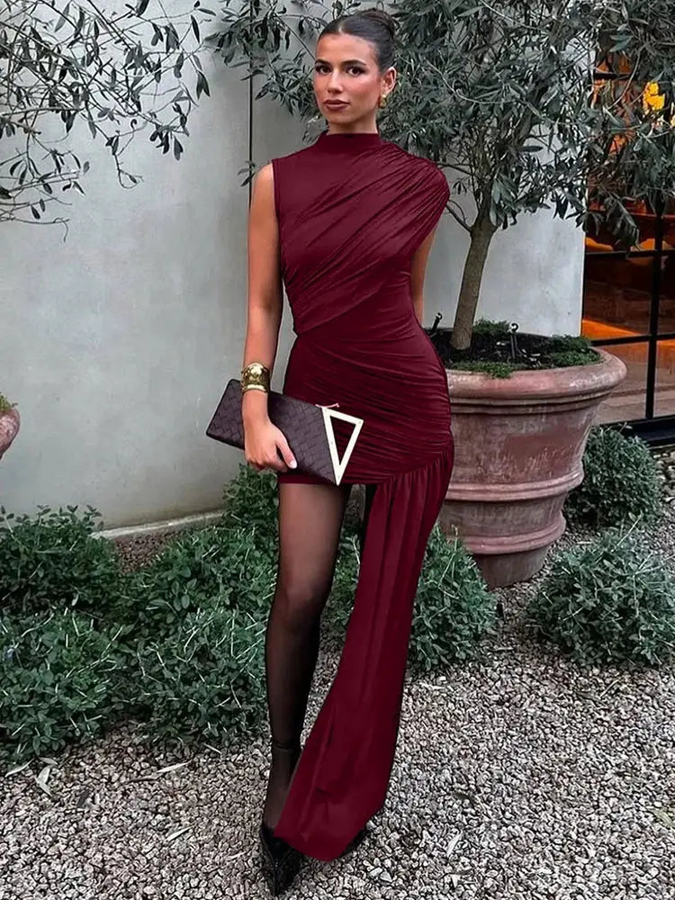 Mozision Irregular Draped Ruched Sexy Mini Dress With Turtleneck Sleeveless High Waist Pleated Club Party Look