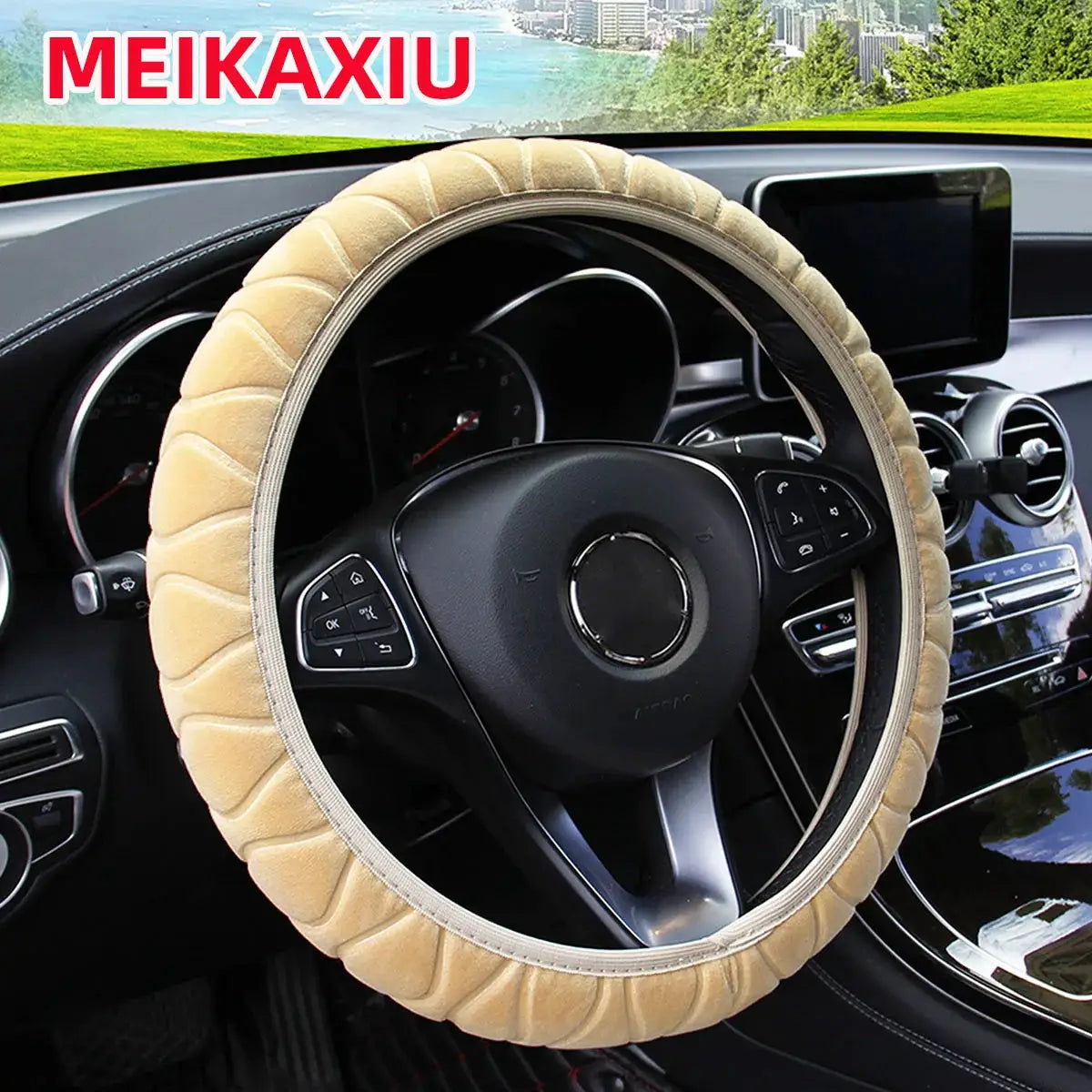 Steering wheel cover plush beige short-fur, fits 14.5-15 inch wheels, MEIKAXIU brand.