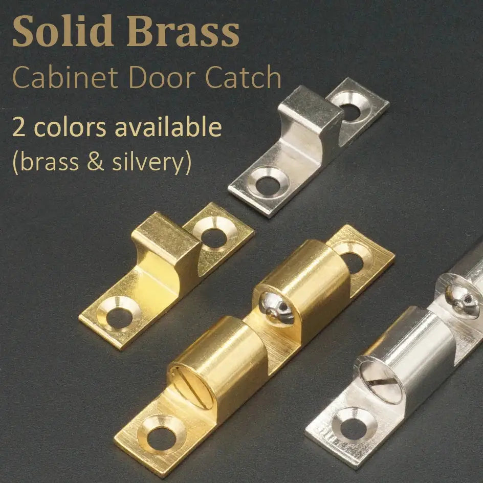 Solid brass cabinet door catch by Simples Market with adjustable spring latch and screws, brass & silver, 40–70mm