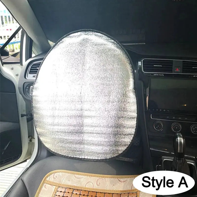 Car steering wheel sun shade with silver reflective material, double thick UV protection, foldable