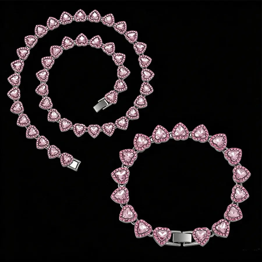 Yupsk 45cm 20cm Shiny Heart Rhinestone Hip Hop Rock Tennis Chain Bracelet Necklace Women Men Trendy Jewelry Set Gift