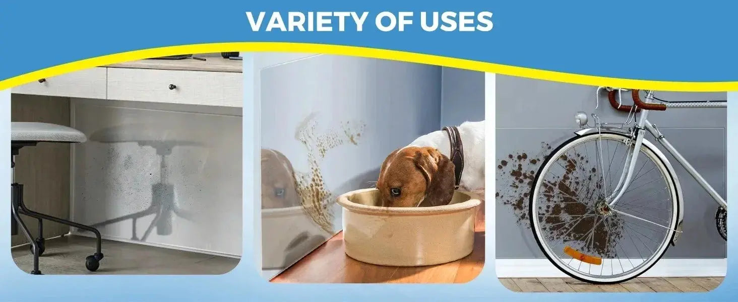 Self-adhesive wallpaper by Simples Market; transparent marble, 3 uses shown: under-sink, dog bowl, bike wall.