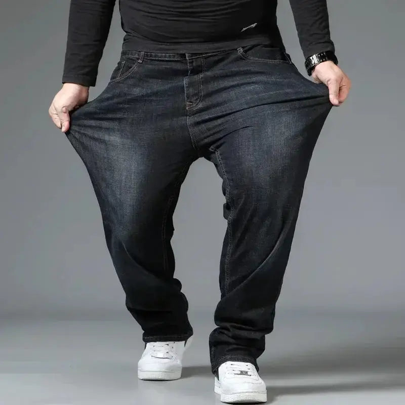 Mens oversized dark blue denim jeans, 10XL high-waist loose fit with wide legs
