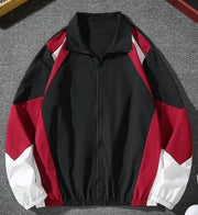 Men's color-blocked lightweight jacket in black with red and white panels, zip-front windproof casual outerwear