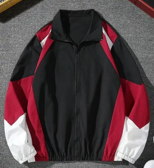 Men's color-blocked lightweight jacket in black with red and white panels, zip-front windproof casual outerwear