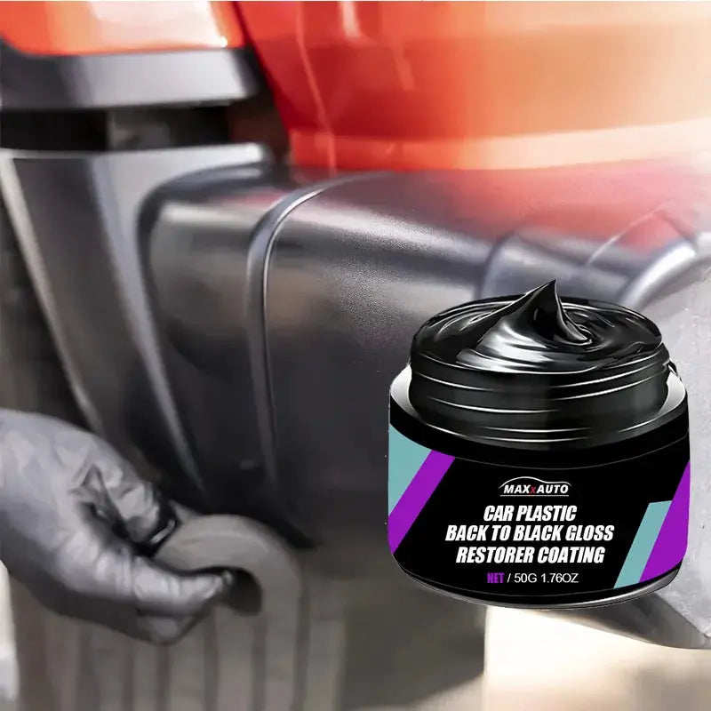 Car plastic and leather restoration wax in a black jar with MaxAuto label; 50 g, purple teal graphics beside an orange car panel