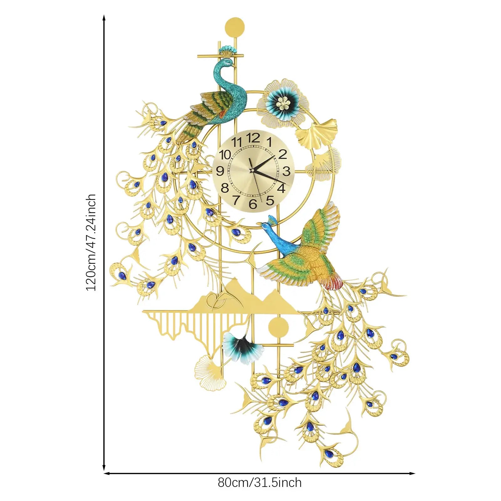 Simples Market Peacock wall clock, 80x120 cm, gold with blue rhinestones, resin iron art