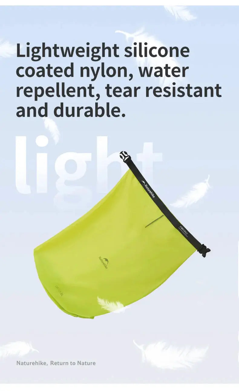 Naturehike rolled storage bag neon green nylon, lightweight waterproof, with black drawstring closure; portable outdoor organizer.