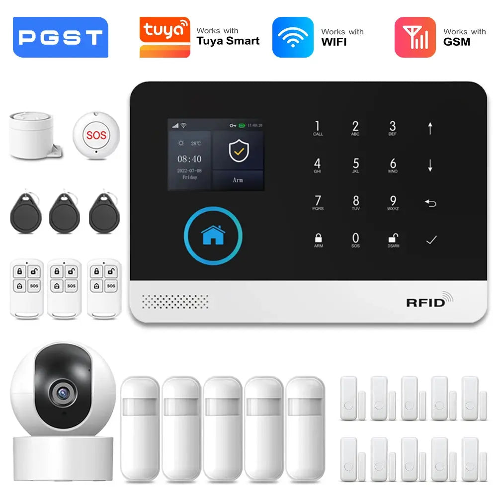 PGST 4G/2G WiFi GSM Wireless Alarm System Kit with PIR sensors, door/window sensors, RFID panel and camera