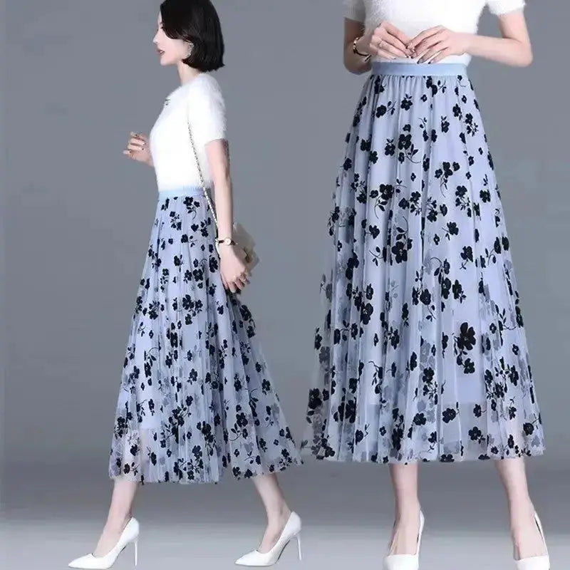 LunaGrove Floral Gauze Midi Skirt Breathable Polyester Mesh With Empire Waist Pleated A Line For Spring And Summer