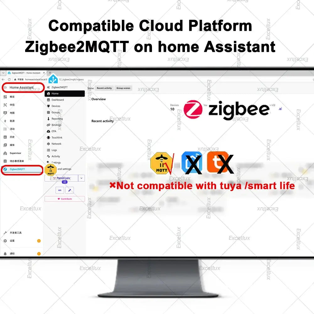 ZigBee Smart Vibration Sensor UI on monitor showing Zigbee2MQTT and Home Assistant integration by Simples Market