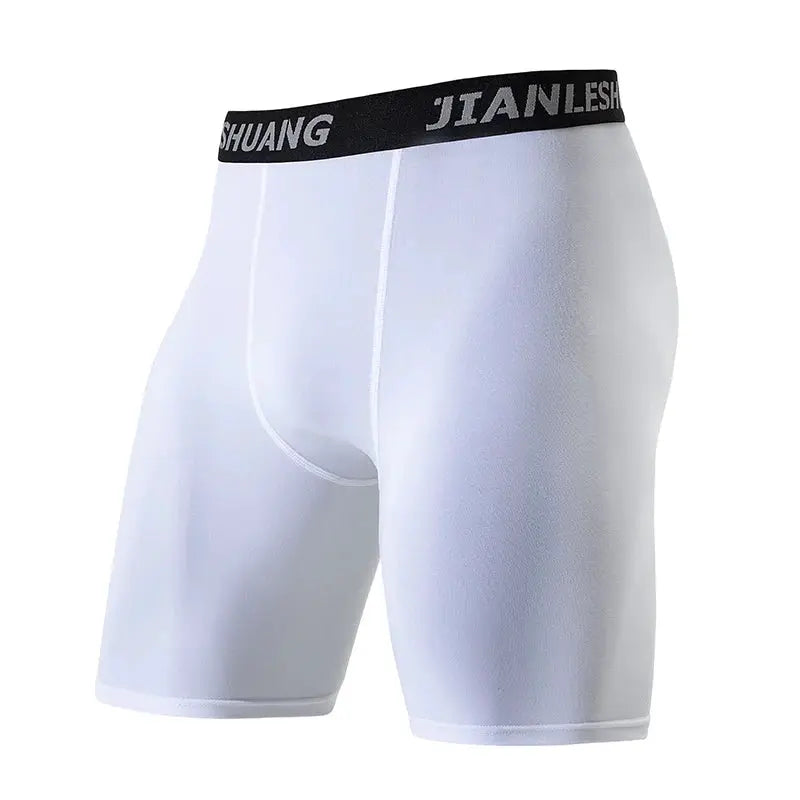 Men's white long sport boxer shorts with black elastic waistband