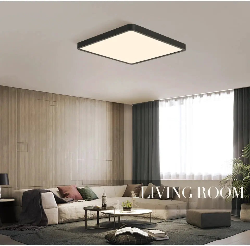 MARPOU ultra-thin 2.4cm square LED ceiling light with black frame for living room.