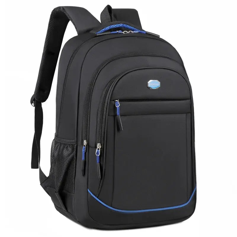 Backpack, black, large-capacity with multiple compartments and blue zipper pulls