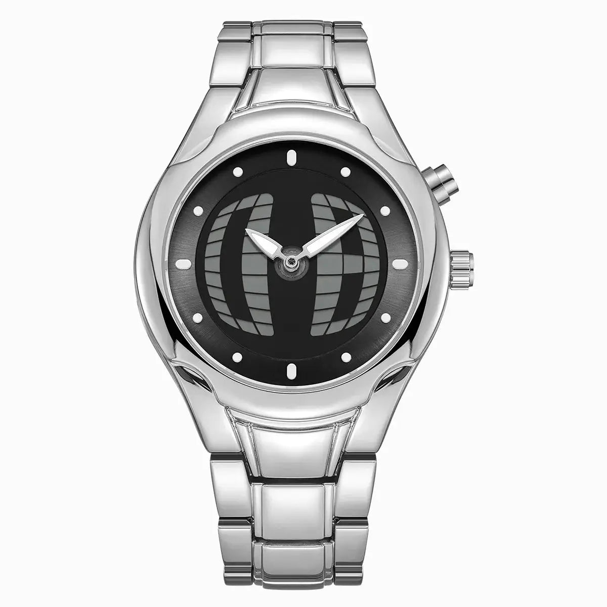 Men's stainless steel wristwatch by Simples Market, black dial with globe-style pattern.